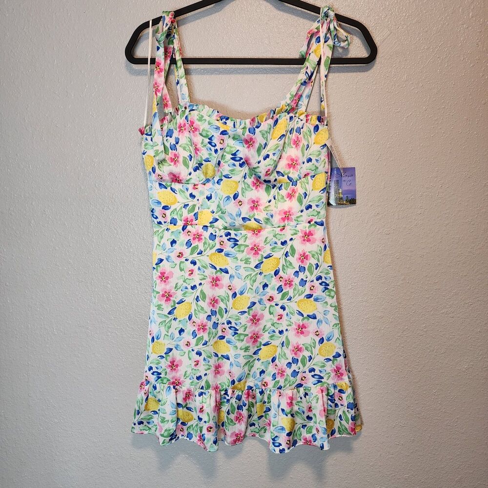 NWT Morgan & Co Floral Lemon Print Mini Dress S Tie Shoulder Ruffle